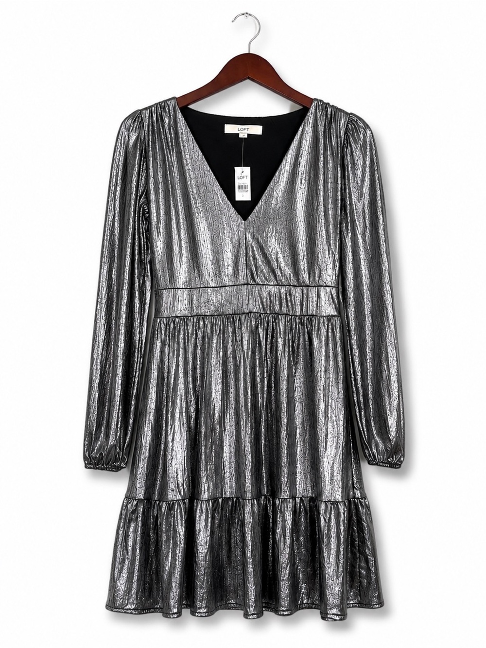 LOFT NWT Metallic Gunmetal Cocktail Dress Long Sleeve Size 2 Holiday